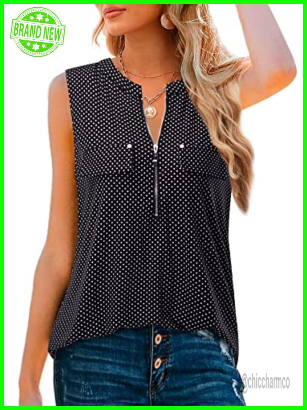 Sleeveless V-Neck Zipper Tank Top Tunic Business Casual Work Blouse